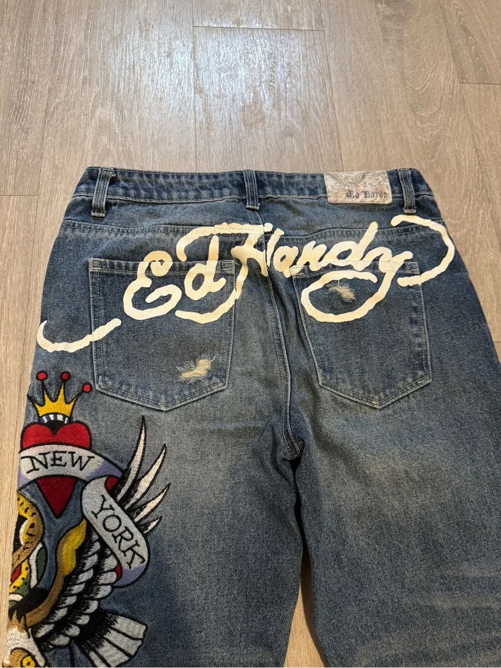 Ed Hardy Blue Slim Straight Jeans with Multicolor Dragon Embroidery